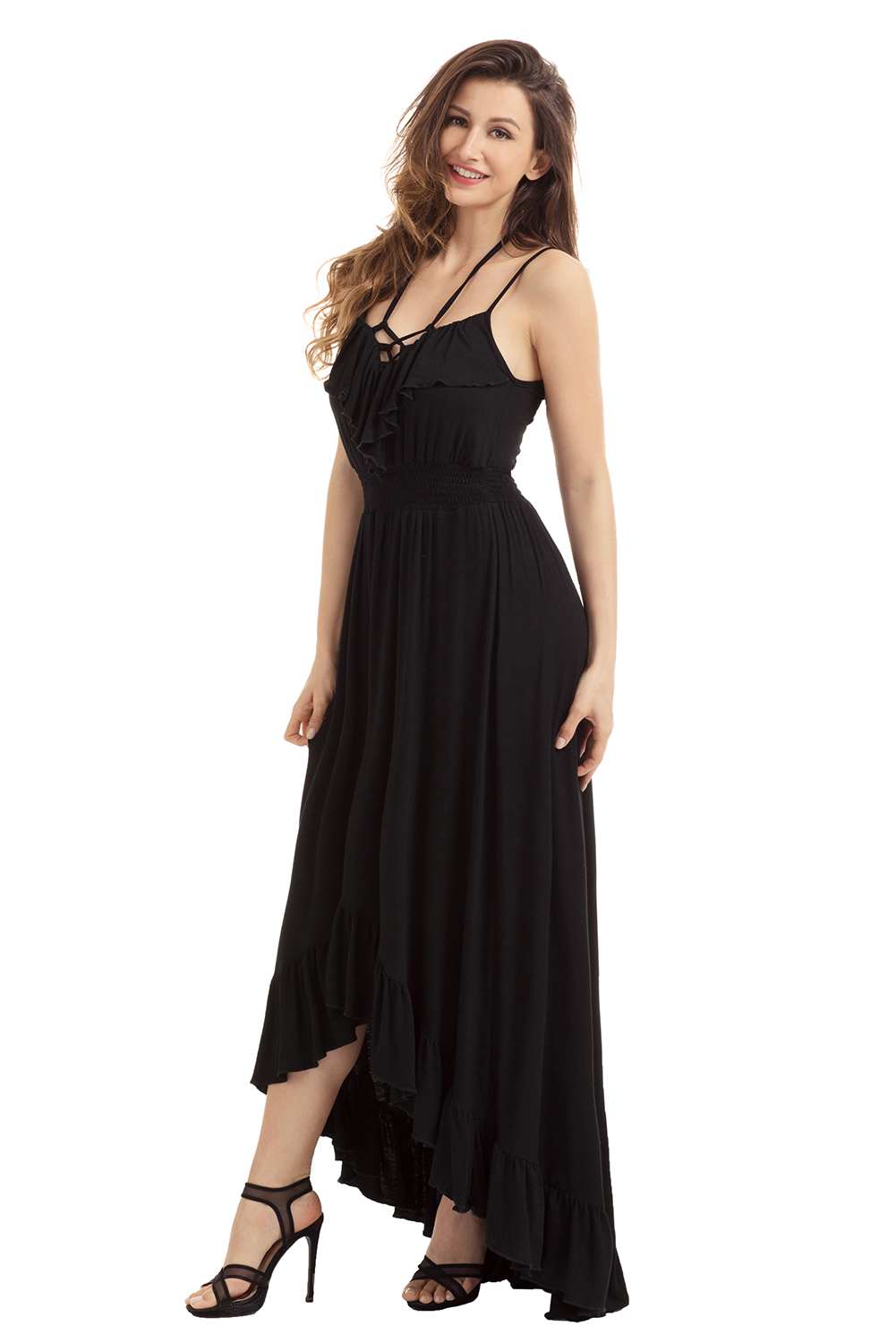 BY61510-2 Lace Up V Neck Ruffle Trim Hi-low Maxi Dress